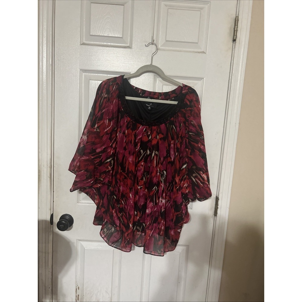Vintage Ronni Nicole Beaded Plus Womens 3X  Black & Red Floral Glitter Bat Sleev